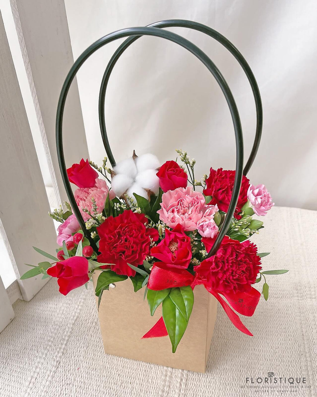 Avery Flower Basket - Cotton Flower, Carnations, Roses, And Carnation Spray Arranged By Florist In Singapore, floreame