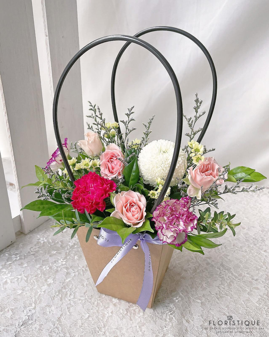 Charlotte Flower Basket - Carnations, Spray Carnations, Mum, And Spray Roses Arranged By Florist In Singapore, floreame